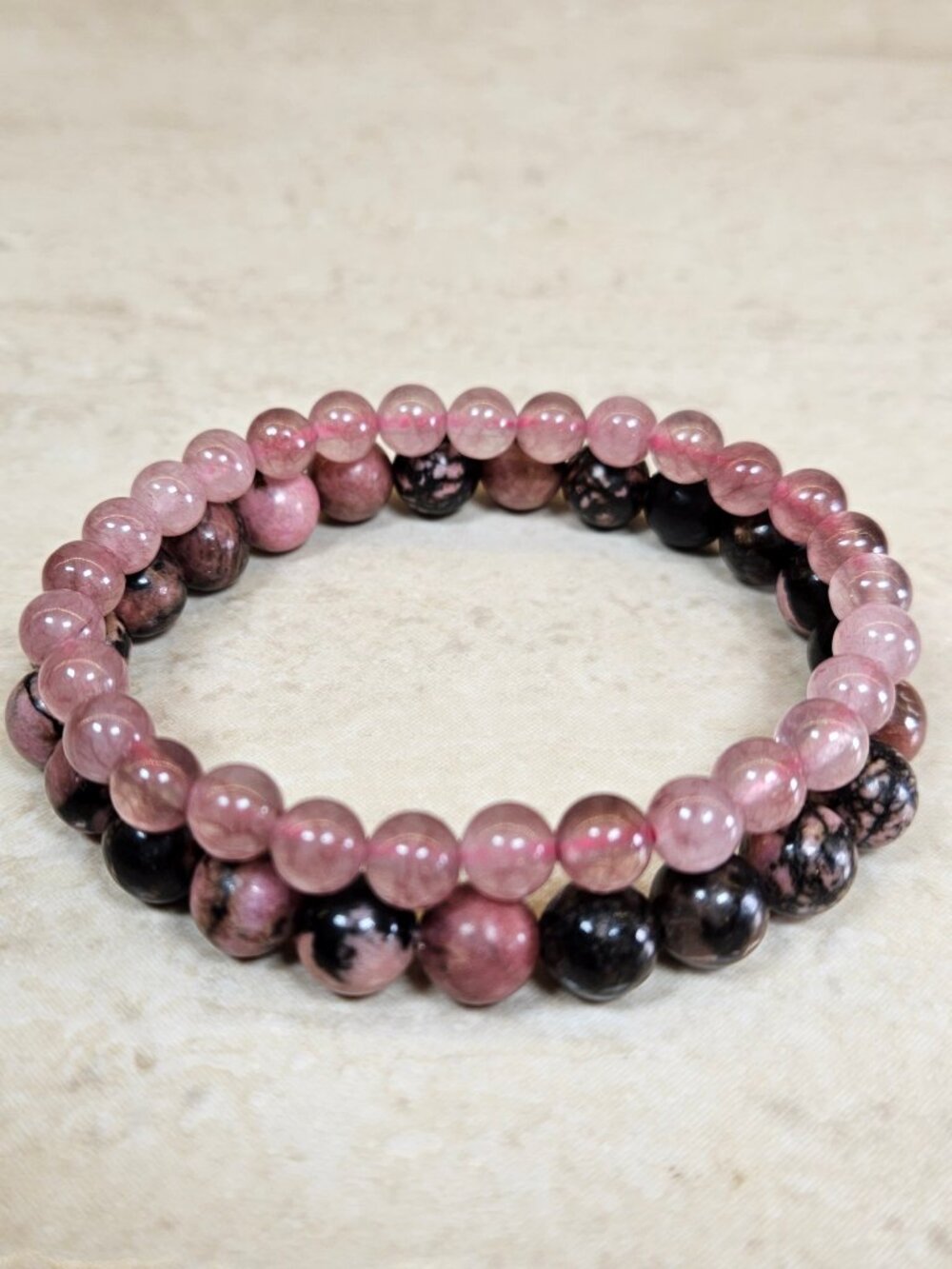 Rhodonite & Pink Quartz Bracelet Set Boho Crystal 6mm 8mm